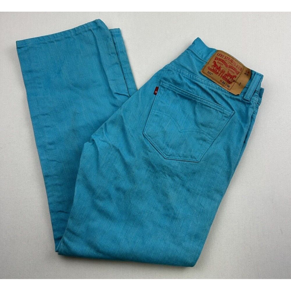 Levi's 501 Denim Button Fly Jeans Blue Teal‎ Pants Men's 34x36 (32x29) *READ*